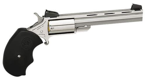 North American Arms MMTL Mini-Master *CA Compliant 22 LR 5 Shot 4" Stainless Steel Vent Rib Barrel, Stainless Steel Frame, Stainless Cylinder, Black Finger Grooved Rubber Grip, Exposed Hammer