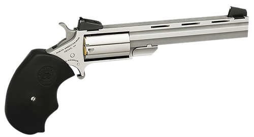 North American Arms MMTL Mini-Master *CA Compliant 22 LR 5 Shot 4" Stainless Steel Vent Rib Barrel, Stainless Steel Frame, Stainless Cylinder, Black Finger Grooved Rubber Grip, Exposed Hammer