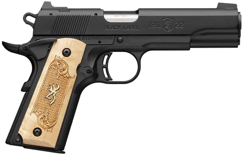 Browning 051067490 1911-22 Black Label Medallion Full Size Frame 22 LR 10+1 4.25" Stainless Steel Barrel, Matte Black Serrated Slide, Matte Black Aluminum Frame w/Beavertail, Maple Medallion Grip