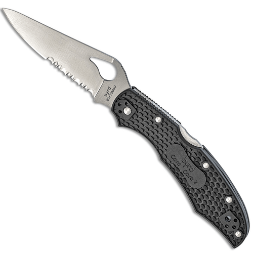Spyderco BY03PSBK2 Byrd Cara Cara 2 Lightweight 3.75" Folding Drop Point Part Serrated 8Cr13MoV SS Blade Black  Textured FRN Handle Includes Pocket Clip