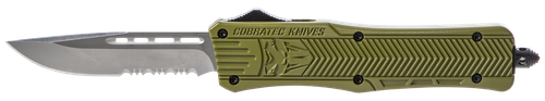 CobraTec Knives MODCTK1MDS CTK-1  Medium 3" OTF Drop Point Part Serrated D2 Steel Blade/OD Green Aluminum Handle Features Glass Breaker Includes Pocket Clip