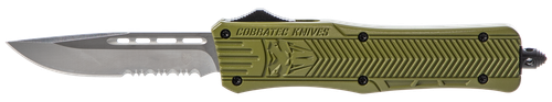 CobraTec Knives MODCTK1MDS CTK-1  Medium 3" OTF Drop Point Part Serrated D2 Steel Blade/OD Green Aluminum Handle Features Glass Breaker Includes Pocket Clip