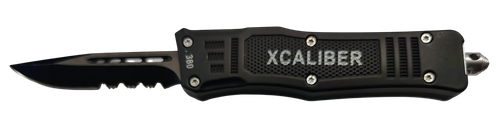 Xcaliber Knife Company  380 ACP  Small 2.75" OTF Part Serrated Black 440C SS Blade, 3.91" Steel Handle