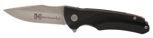 Hornady 99143   Folding Plain Satin w Laser Engraved Logo 420HC SS Blade Black GFN Handle Includes Pocket Clip