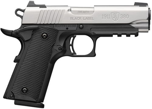 Browning 051121492 1911 Black Label Compact 380 ACP 8+1 3.63" Stainless Steel Barrel, Satin Stainless Steel Serrated Slide, Matte Black Polymer Frame w/Picatinny Rail, Black Polymer Grip