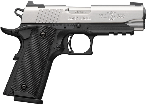 Browning 051121492 1911 Black Label Compact 380 ACP 8+1 3.63" Stainless Steel Barrel, Satin Stainless Steel Serrated Slide, Matte Black Polymer Frame w/Picatinny Rail, Black Polymer Grip