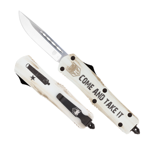 CobraTec Knives MCATIFS3DNS FS-3 Come And Take It 3" OTF Drop Point Plain 154CM SS Blade White w/"Come And Take It" Aluminum Cerakoted Handle Features Glass Breaker Includes Pocket Clip
