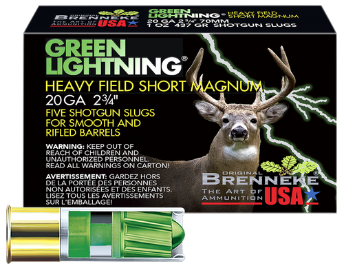 Brenneke SL202HFSGL Green Lightning Heavy Field Short Magnum 20Gauge 2.75" 1oz Slug Shot 5 Per Box/50 Case
