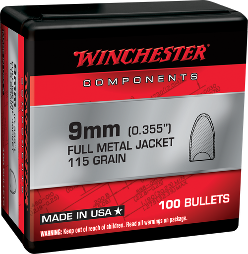 Winchester Ammo WB9MC115X Centerfire Handgun Reloading 9mm 115gr Full Metal Jacket Flat Base 100 Per Box/10 Case