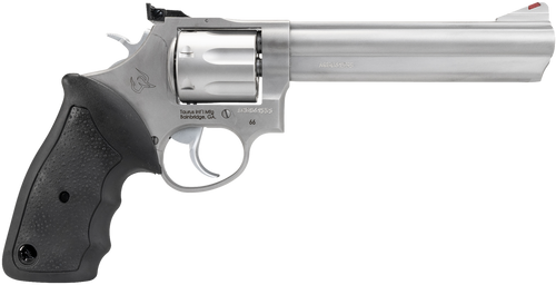 Taurus 2-660069 66  Medium 357 Mag/38 Special +P 7 Shot 6" Matte Stainless Steel Barrel, Cylinder & Frame, Black Finger Grooved Rubber Grip, Transfer Bar Safety, Exposed Hammer
