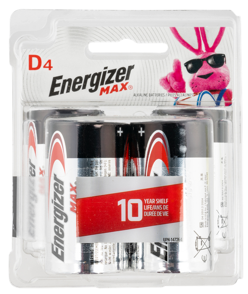 Energizer E95BP4 MAX D Batteries  Black & Silver Alkaline 1.5 Volt, Qty (4) Single Pack