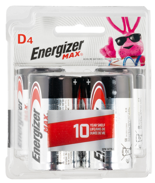 Energizer E95BP4 MAX D Batteries  Black & Silver Alkaline 1.5 Volt, Qty (4) Single Pack