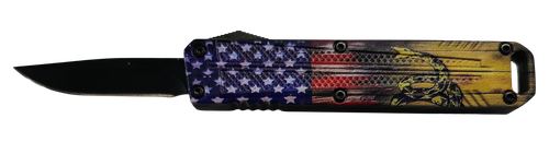 Xcaliber Knife Company  Drop Point  Mini 1.80" OTF Drop Point Plain Black 440C SS Blade, 3.52" US Flag Aluminum Handle