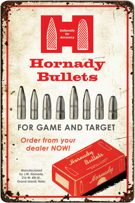 Hornady 99145 Bullets Tin Sign Rustic Red White Aluminum 12" x 18"