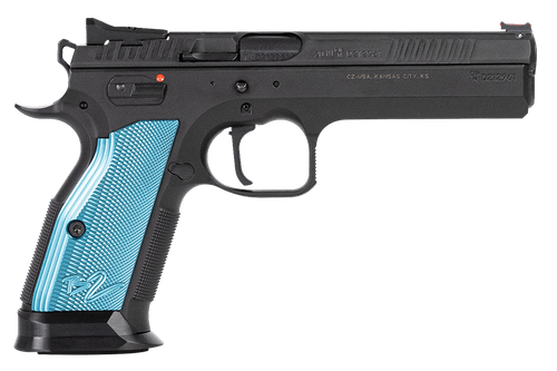 CZ-USA 91222 TS 2  40 S&W 17+1 5.28" Black Steel Barrel, Black Serrated Steel Slide, Black Polycoat Steel Frame w/Beavertail, Blue Checkered Aluminum Grip, Ambidextrous