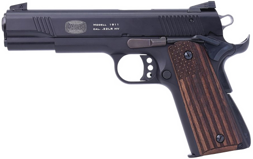 Mauser Rimfire 4110608 1911  22 LR 10+1 5" Black Steel Barrel, Black Serrated Aluminum Slide, Black Aluminum Frame w/Beavertail, Molded Wood Flag Grip, Ambidextrous