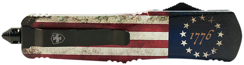 Templar Knife MBRF331 Gen II Betsy Ross Flag Slim 3.43" OTF Drop Point Plain Black Oxide Stonewashed Black 440C SS Blade, 5.05" Betsy Ross Flag Aluminum Handle Glass Breaker