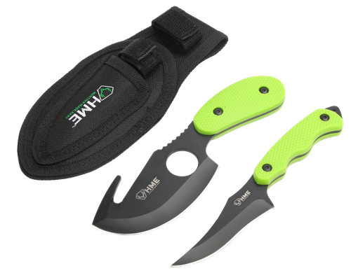 HME HMEKN2PSGC Skinning Kit  3.50" Fixed Skinner w/Gut Hook/Caping Plain/Gut Hook Black Oxide 420HC Blade, TPR Green Handle