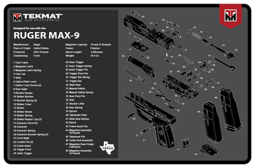 TekMat TEKR17RUGERMAX9 Ruger Max 9 Cleaning Mat Black/White Rubber 11"x17" Ruger Max 9 Parts Diagram