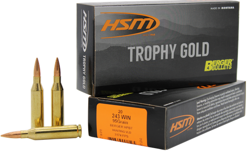 HSM 24395VLD Trophy Gold Extended Range 243 Win 95 gr Berger Hunting VLD Match 20 Per Box/ 25 Case