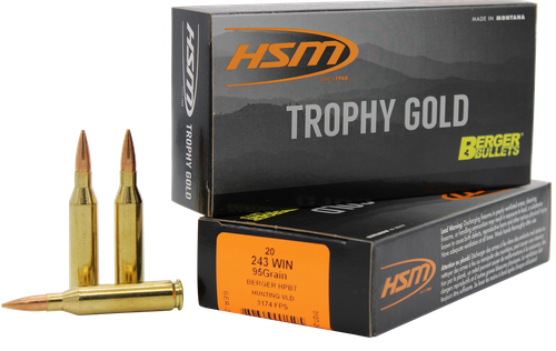 HSM 24395VLD Trophy Gold Extended Range 243 Win 95 gr Berger Hunting VLD Match 20 Per Box/ 25 Case
