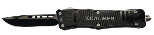 Xcaliber Knife Company  9mm  Large 3.80" OTF Drop Point Black 440C SS Blade, 5.30" Steel Handle