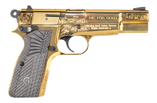 Girsan 390488 MC P35  9mm Luger 15+1 4.87" Gold Plated PVD Stainless Steel Barrel, Gold Finish Engraved Serrated Stainless Steel Slide, Gold Plated Steel Frame w/Beavertail, G10 Grip
