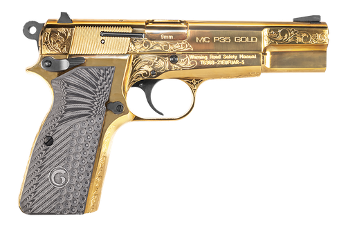 Girsan 390488 MC P35  9mm Luger 15+1 4.87" Gold Plated PVD Stainless Steel Barrel, Gold Finish Engraved Serrated Stainless Steel Slide, Gold Plated Steel Frame w/Beavertail, G10 Grip