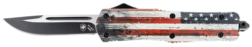 Templar Knife LWUS331 Gen II Wood US Flag Large 3.50" OTF Drop Point Plain Black Oxide Stonewashed 440C SS Blade, 5.25" Painted Wood Grain US Flag Aluminum Handle, Glass Breaker