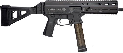 Grand Power 197892004824 SP45A3 Stribog 45 ACP 20+1 8" Black Threaded Barrel, Black Aluminum Picatinny Rail Receiver, Black SB Tactical Brace, Black Polymer Grip, Thread Protector