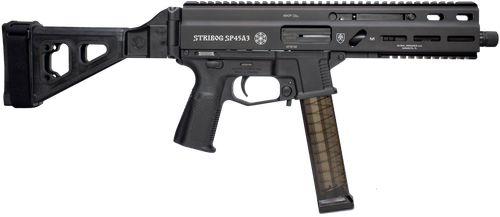 Grand Power 197892004824 SP45A3 Stribog 45 ACP 20+1 8" Black Threaded Barrel, Black Aluminum Picatinny Rail Receiver, Black SB Tactical Brace, Black Polymer Grip, Thread Protector