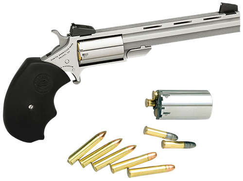North American Arms MMTC Mini-Master *CA Compliant 22 LR/22 WMR 5 Shot 4" Stainless Steel Vent Rib Barrel, Stainless Steel Frame, Stainless Cylinder, Black Finger Grooved Rubber Grip, Exposed Hammer