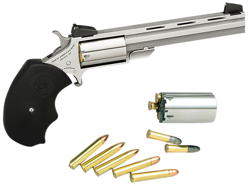 North American Arms MMTC Mini-Master *CA Compliant 22 LR/22 WMR 5 Shot 4" Stainless Steel Vent Rib Barrel, Stainless Steel Frame, Stainless Cylinder, Black Finger Grooved Rubber Grip, Exposed Hammer