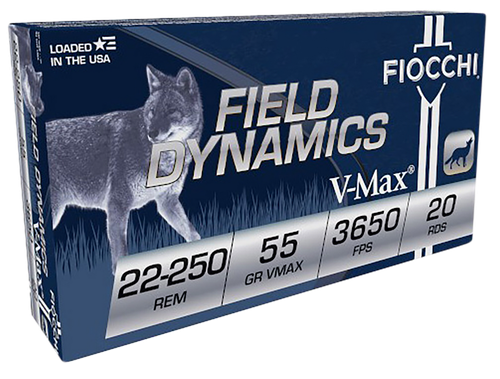 Fiocchi 22250HVD Field Dynamics  22-250Rem 55gr Hornady V Max 20 Per Box/10 Case