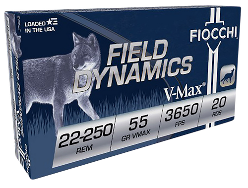 Fiocchi 22250HVD Field Dynamics  22-250Rem 55gr Hornady V Max 20 Per Box/10 Case