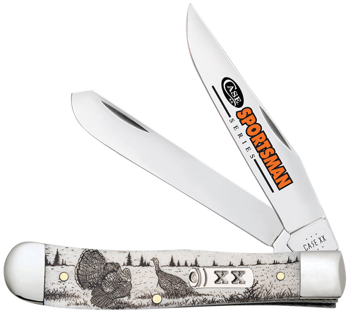 Case 81221 Trapper Sportsman Folding Clip Point/Spey Plain Mirror Polished Tru-Sharp SS Blade/Turkey Embellished Natural Bone Handle