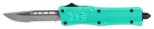 CobraTec Knives STFCTK1SDS CTK-1  Small 2.75" OTF Drop Point Part Serrated D2 Steel Blade/ Tiffany Blue Aluminum Handle Features Glass Breaker Includes Pocket Clip