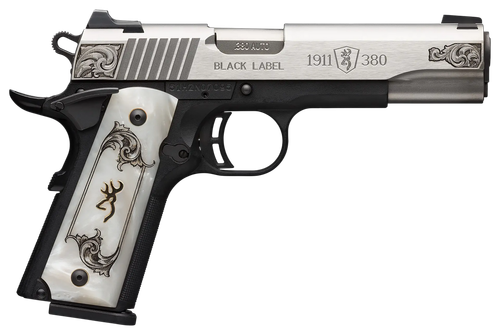 Browning 051966492 1911 Black Label Medallion Full Size Frame 380 ACP 8+1 4.25" Matte Stainless Steel Barrel & Serrated Slide, Matte Black Polymer Frame w/Beavertail, White Imitation Pearl Grip