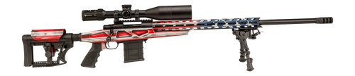 Howa HCRA25CRUSAMDT 1500 w/Optic 25 Creedmoor 10+1 24" Threaded Barrel, American Flag Cerakote Steel Drilled & Tapped Receiver, Buffalo River Bipod, Luth-AR MBA-4 Black Polymer Stock, MDT Grip, Nikko