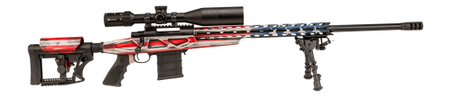 Howa HCRA25CRUSAMDT 1500 w/Optic 25 Creedmoor 10+1 24" Threaded Barrel, American Flag Cerakote Steel Drilled & Tapped Receiver, Buffalo River Bipod, Luth-AR MBA-4 Black Polymer Stock, MDT Grip, Nikko