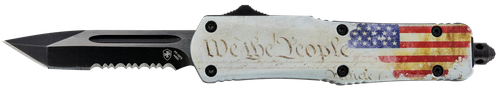 Templar Knife SWTP531 Gen II We The People Small 2.25" OTF Tanto Part Serrated Black Oxide Stonewashed 440C SS Blade, 4.31" White w/Flag & "We The People" Aluminum Handle, Glass Breaker