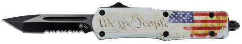 Templar Knife SWTP531 Gen II We The People Small 2.25" OTF Tanto Part Serrated Black Oxide Stonewashed 440C SS Blade, 4.31" White w/Flag & "We The People" Aluminum Handle, Glass Breaker