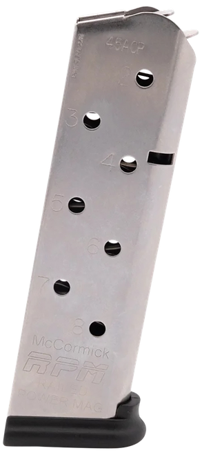 CMC Products 17130 Power Mag Railed 8rd 45 ACP Fits 1911 Government Stainless Steel w/ Black Base Pad