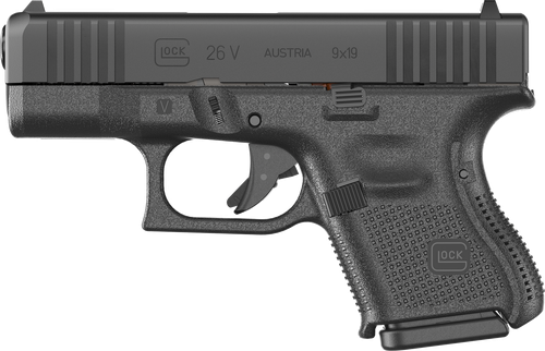 Glock UV2650201 G26 V Sub-Compact Frame 9mm Luger 10+1 3.43" Black GMB Barrel, Black Steel Serrated Slide, Black Polymer Frame, Textured Polymer Grip, Ambidextrous