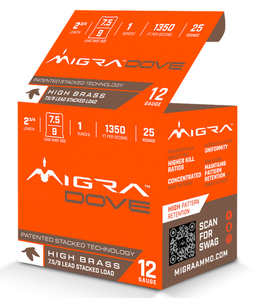 Migra Ammunitions M12LF7.59  Dove 12Gauge 2 3/4" 1oz 7.5/9Shot 25 Per Box/10 Case