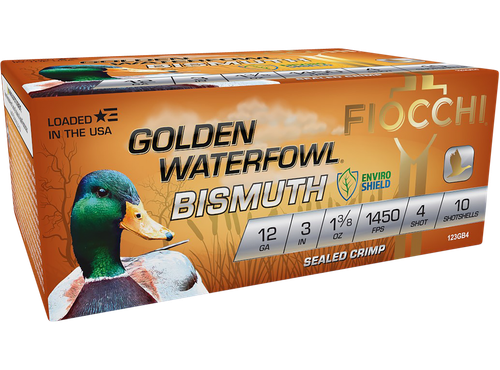 Fiocchi 123GB4 Golden Waterfowl Bismuth 12Gauge 3" 1 3/8oz 4Shot 10 Per Box/10 Case