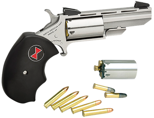 North American Arms BWC Black Widow  22 LR/22 WMR 5 Shot 2" Stainless Steel Vent Rib Barrel, Stainless Steel Frame, Stainless Cylinder, Black Finger Grooved Rubber Grip, Exposed Hammer