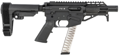 Freedom Ordnance FX9P4S FX-9  9mm Luger 31+1 4" Black Nitride Barrel w/Faux Suppressor, Black Hard Coat Anodized Aluminum Receiver, SB Tactical SBA3 Pistol Brace Stock, Black Polymer Grip
