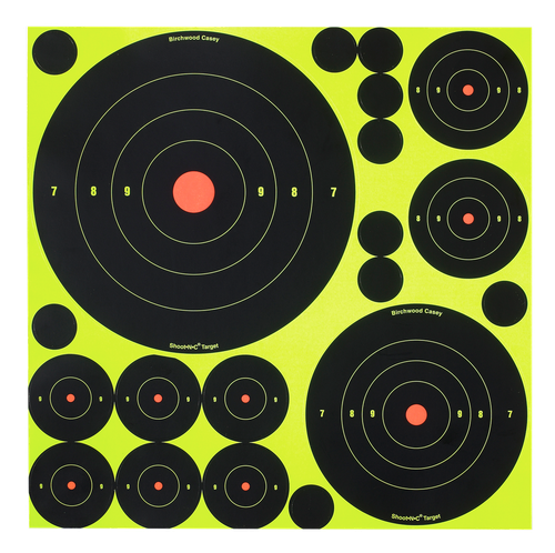 Birchwood Casey 34018 Shoot-N-C Reactive Target Variety Pack Self-Adhesive Paper Black/Yellow Bullseye 50 Pack
