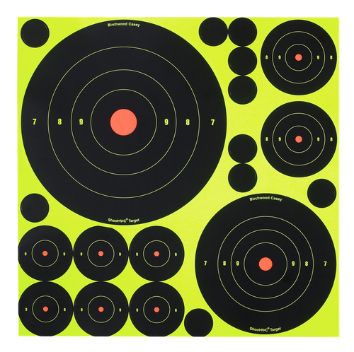 Birchwood Casey 34018 Shoot-N-C Reactive Target Variety Pack Self-Adhesive Paper Black/Yellow Bullseye 50 Pack